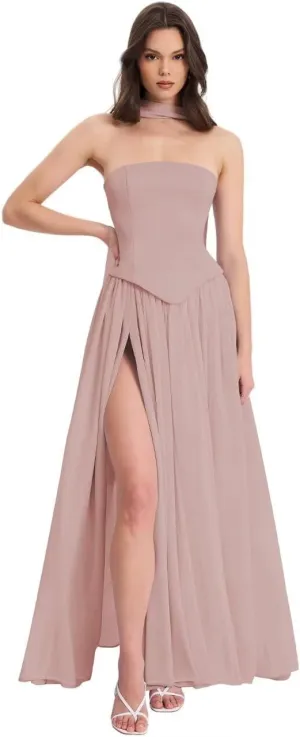 Strapless Chiffon Bridesmaid Dresses Long with Scarf 2025 Satin Pleated Prom Dress with Slit RO309