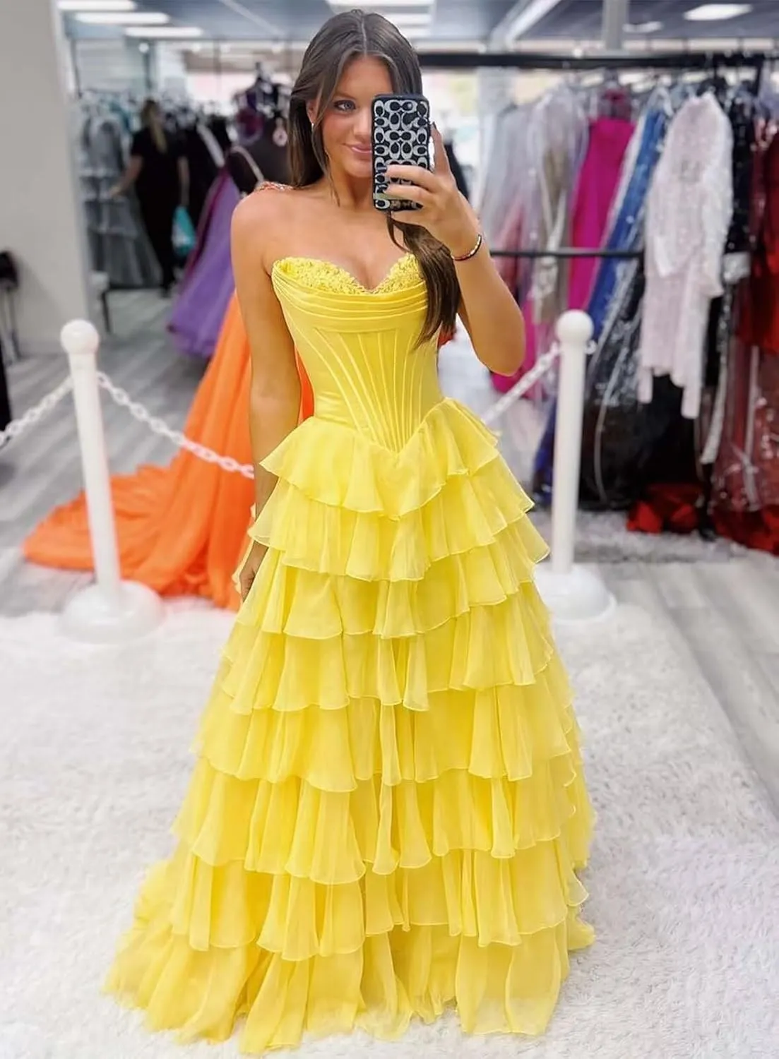 Strapless Corset Prom Dresses for Women 2025 Long Tiered Ruffle Chiffon Formal Evening Gowns with Slit