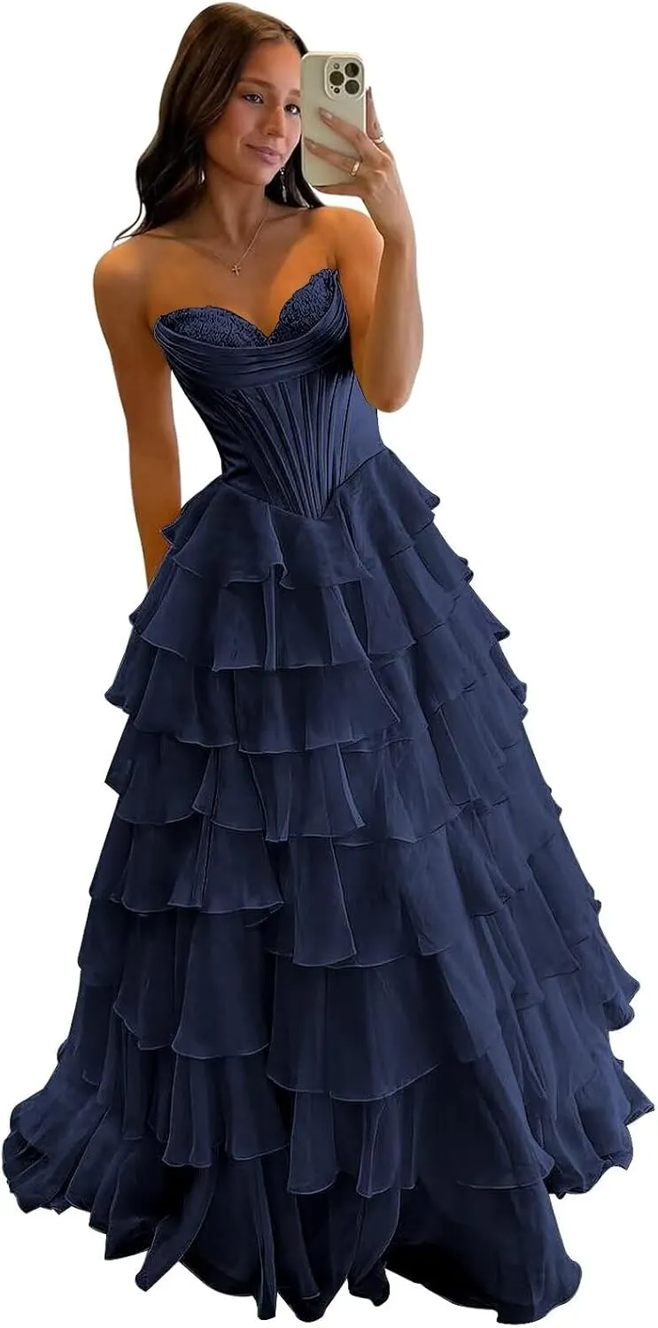 Strapless Corset Prom Dresses for Women 2025 Long Tiered Ruffle Chiffon Formal Evening Gowns with Slit