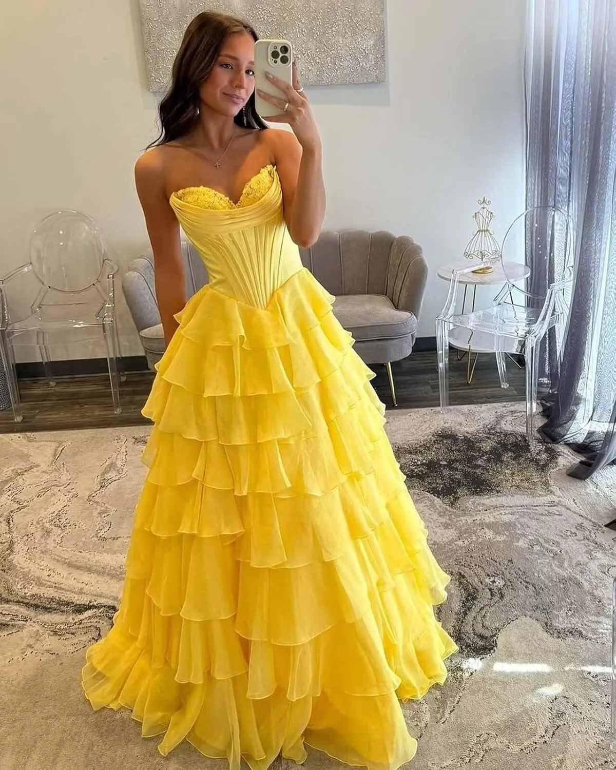 Strapless Corset Prom Dresses for Women 2025 Long Tiered Ruffle Chiffon Formal Evening Gowns with Slit