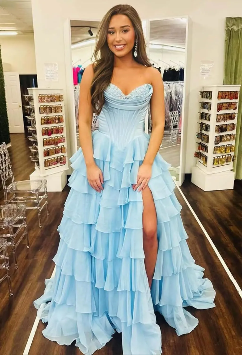 Strapless Corset Prom Dresses for Women 2025 Long Tiered Ruffle Chiffon Formal Evening Gowns with Slit