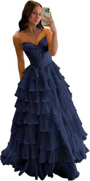 Strapless Corset Prom Dresses for Women 2025 Long Tiered Ruffle Chiffon Formal Evening Gowns with Slit