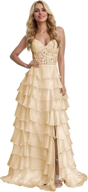 Strapless Corset Prom Dresses for Women Long Tiered Ruffle Formal Evening Gowns with Slit
