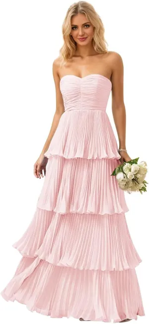 Strapless Ruffle Prom Dresses for Women Long Flowy Tiered Chiffon Formal Evening Gowns