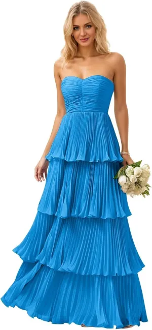 Strapless Ruffle Prom Dresses for Women Long Flowy Tiered Chiffon Formal Evening Gowns