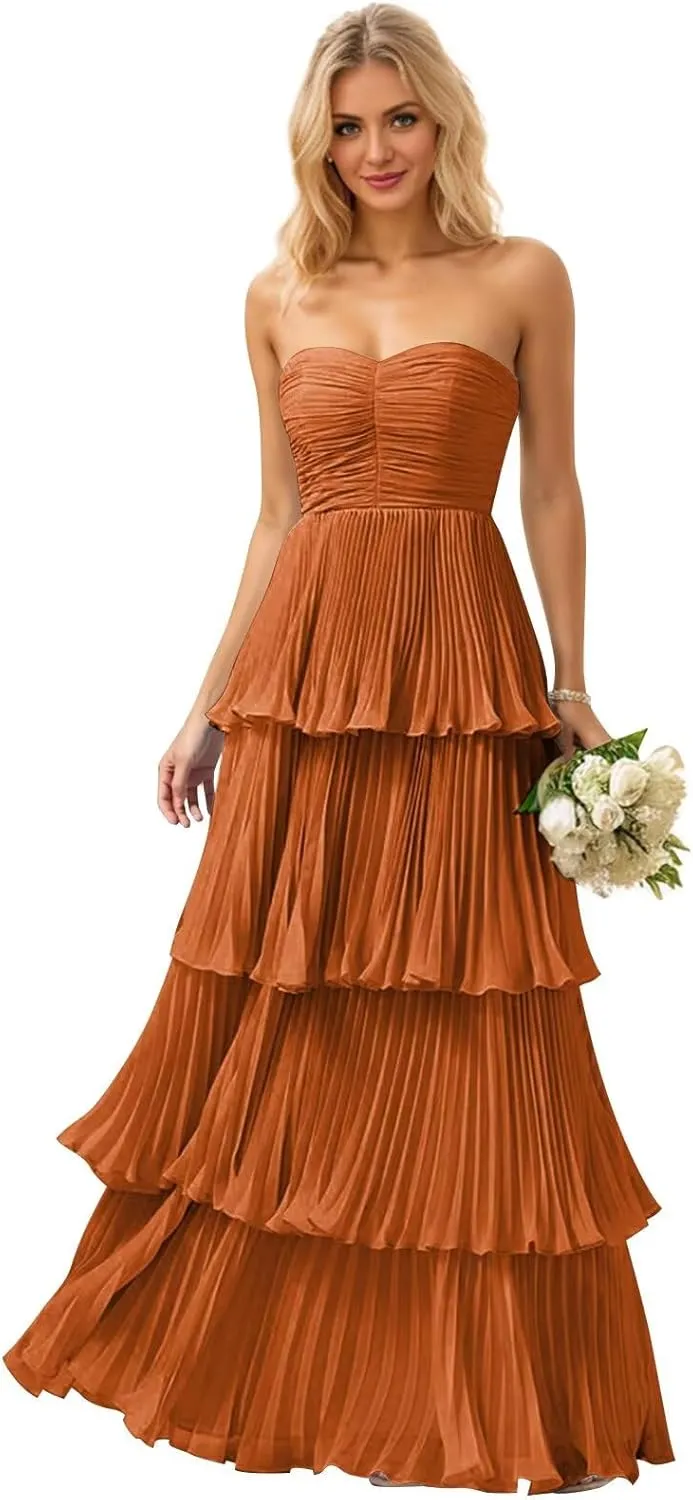 Strapless Ruffle Prom Dresses for Women Long Flowy Tiered Chiffon Formal Evening Gowns