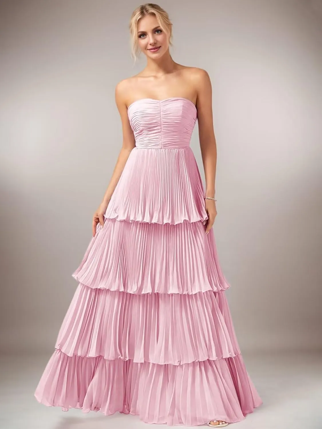 Strapless Ruffle Prom Dresses for Women Long Flowy Tiered Chiffon Formal Evening Gowns