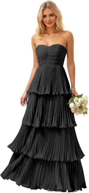 Strapless Ruffle Prom Dresses for Women Long Flowy Tiered Chiffon Formal Evening Gowns