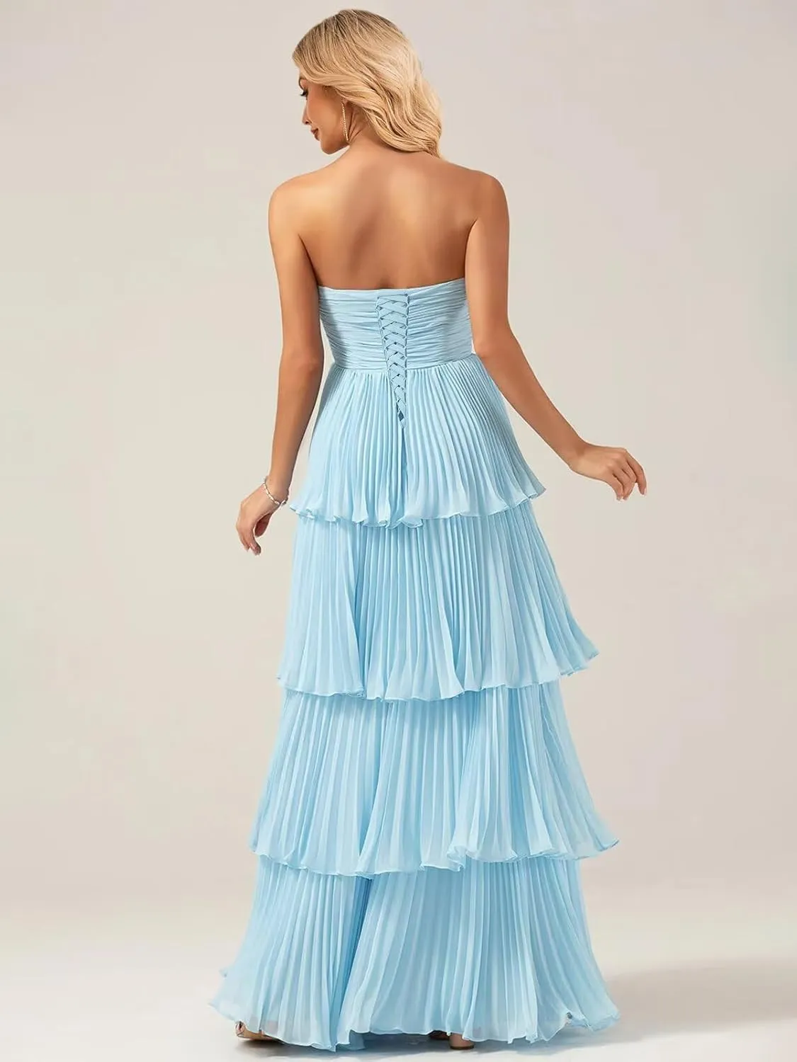 Strapless Ruffle Prom Dresses for Women Long Flowy Tiered Chiffon Formal Evening Gowns
