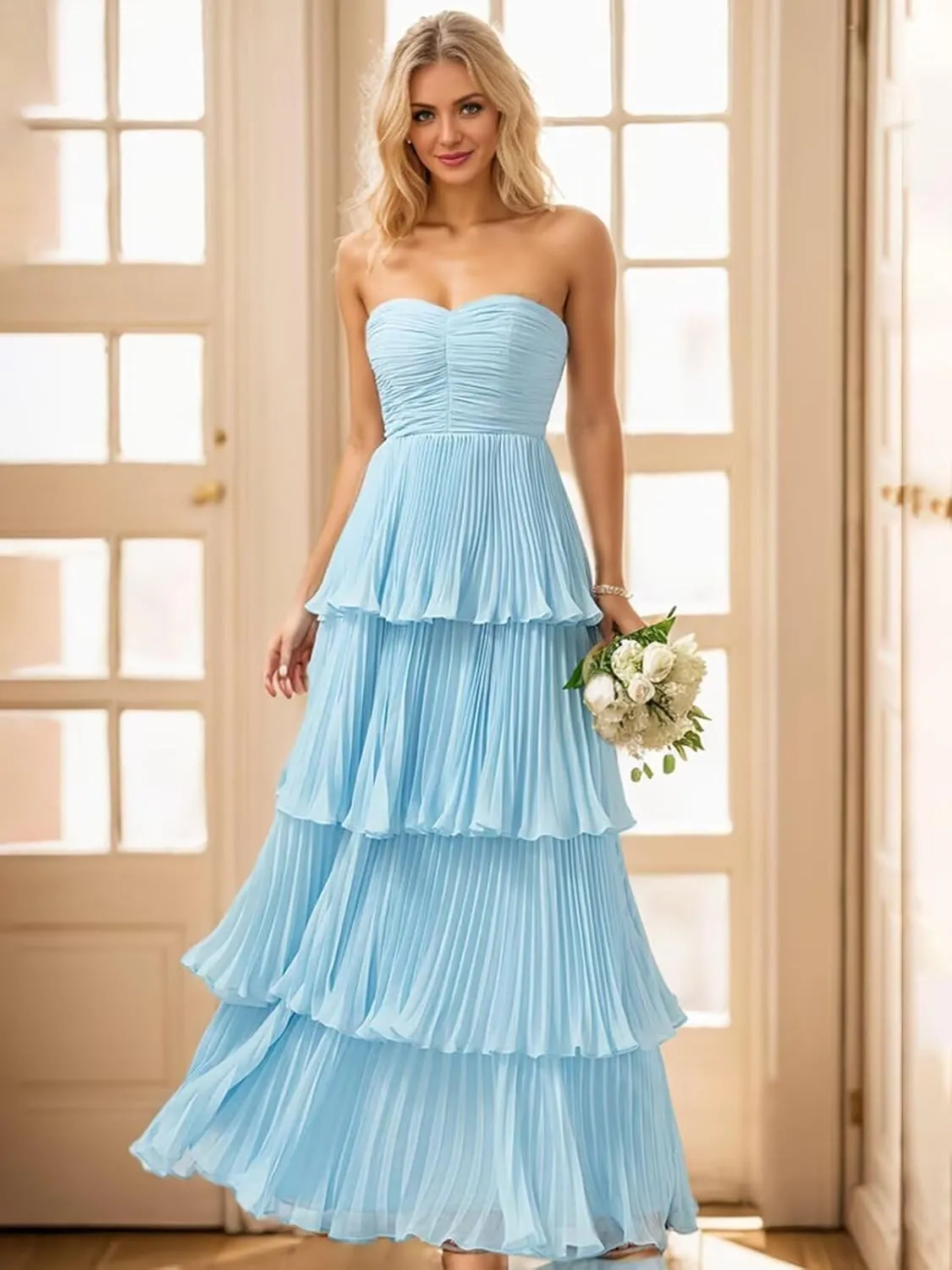 Strapless Ruffle Prom Dresses for Women Long Flowy Tiered Chiffon Formal Evening Gowns