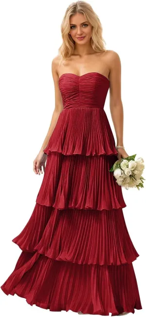 Strapless Ruffle Prom Dresses for Women Long Flowy Tiered Chiffon Formal Evening Gowns