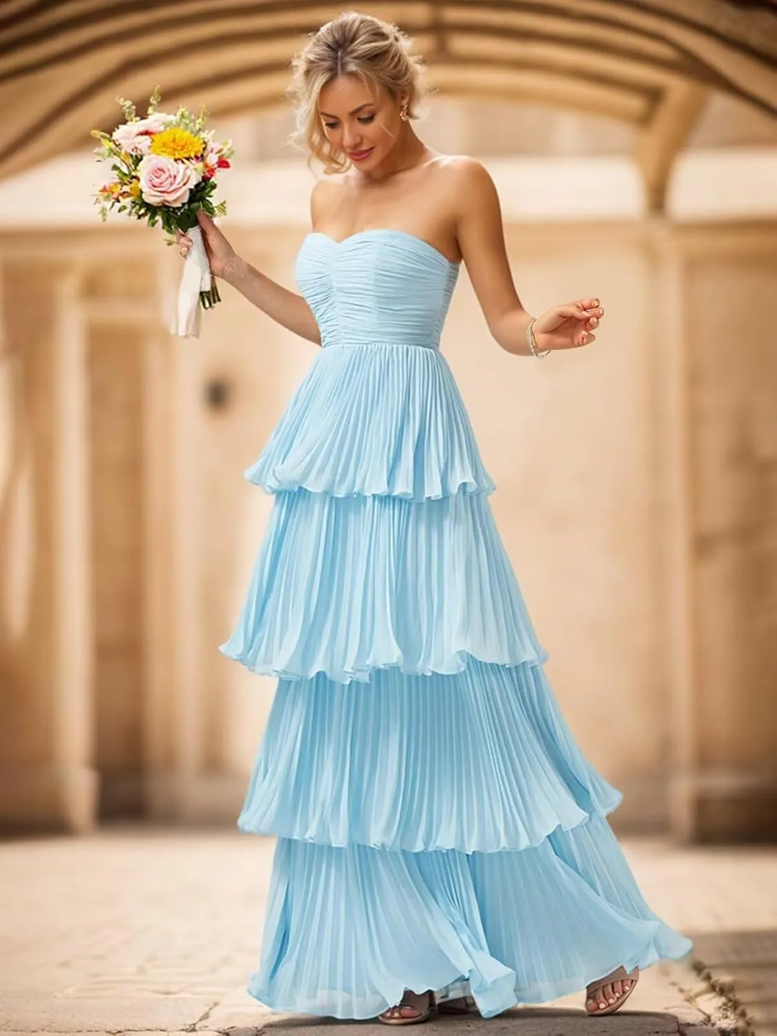 Strapless Ruffle Prom Dresses for Women Long Flowy Tiered Chiffon Formal Evening Gowns