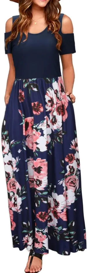 STYLEWORD Women's 2025 Summer Maxi Long Dresses Cold Shoulder Sundress with Pocket