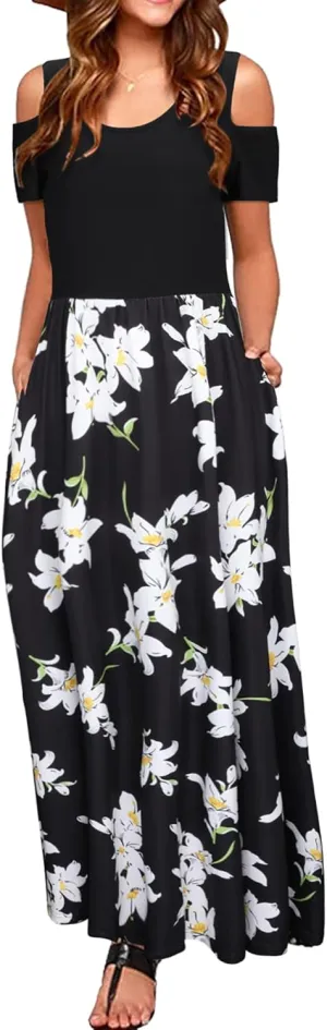 STYLEWORD Women's 2025 Summer Maxi Long Dresses Cold Shoulder Sundress with Pocket