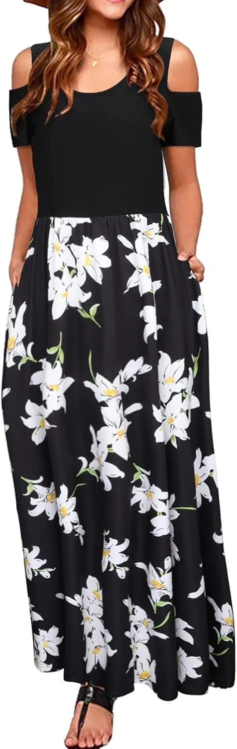 STYLEWORD Women's 2025 Summer Maxi Long Dresses Cold Shoulder Sundress with Pocket