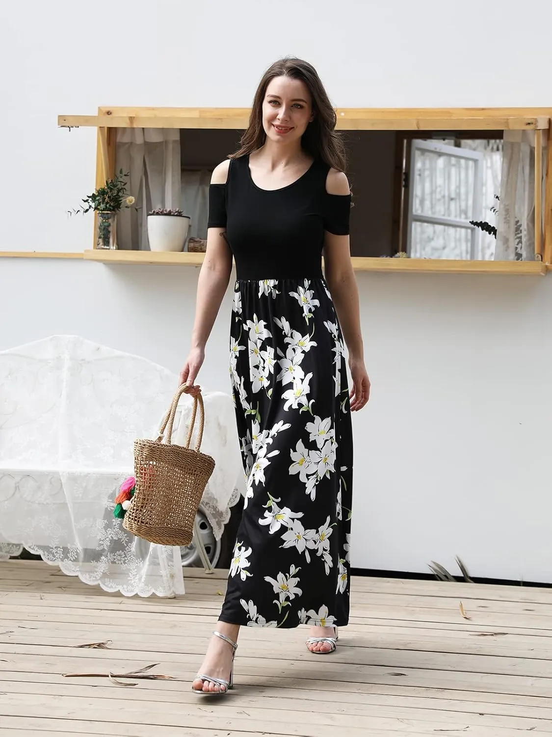 STYLEWORD Women's 2025 Summer Maxi Long Dresses Cold Shoulder Sundress with Pocket