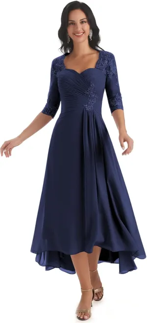 Sukleet Women's Tea Length Mother of The Bride Dresses for Wedding Short Sleeves Lace Applique Formal Evening Prom Gowns