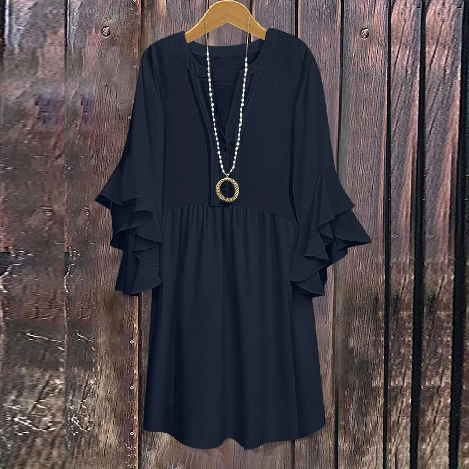 Summer Beach Vacation Dresses for Women Elegant Dressy Ruffled 3/4 Sleeve Notch V Neck Pleated Flowy Swing Mini Dress