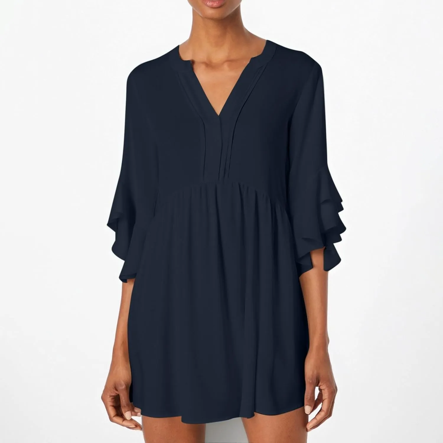 Summer Beach Vacation Dresses for Women Elegant Dressy Ruffled 3/4 Sleeve Notch V Neck Pleated Flowy Swing Mini Dress