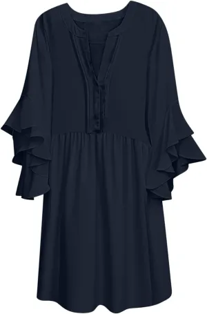 Summer Beach Vacation Dresses for Women Elegant Dressy Ruffled 3/4 Sleeve Notch V Neck Pleated Flowy Swing Mini Dress