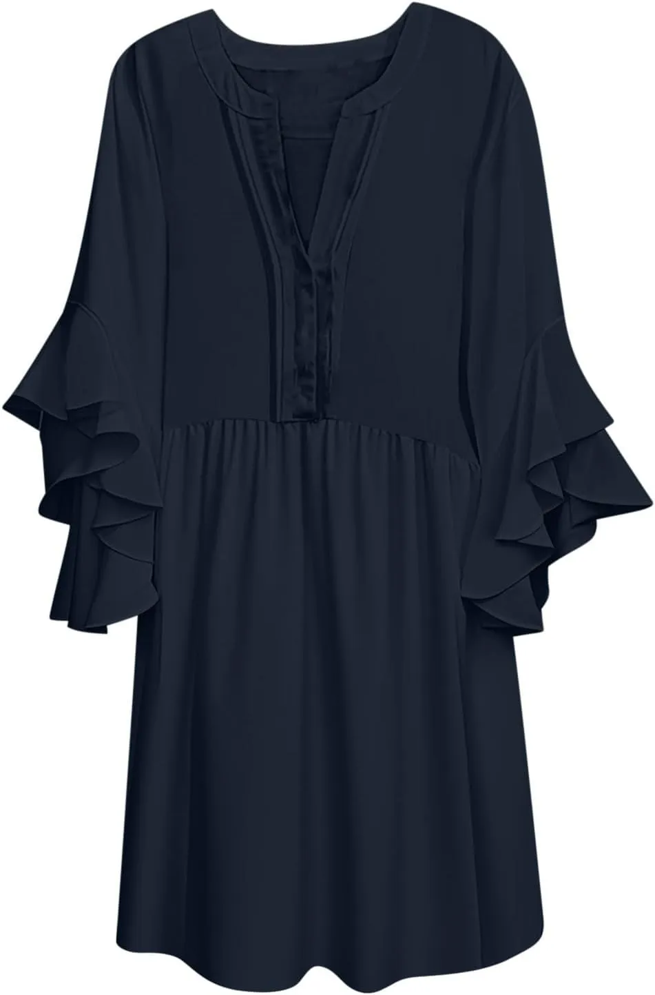 Summer Beach Vacation Dresses for Women Elegant Dressy Ruffled 3/4 Sleeve Notch V Neck Pleated Flowy Swing Mini Dress