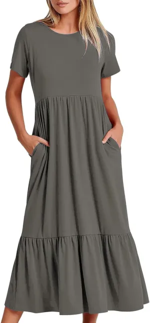Summer Dresses for Women 2024 Maxi Casual Short Sleeve Crewneck Dress Flowy Swing Beach Sundresses with Pockets