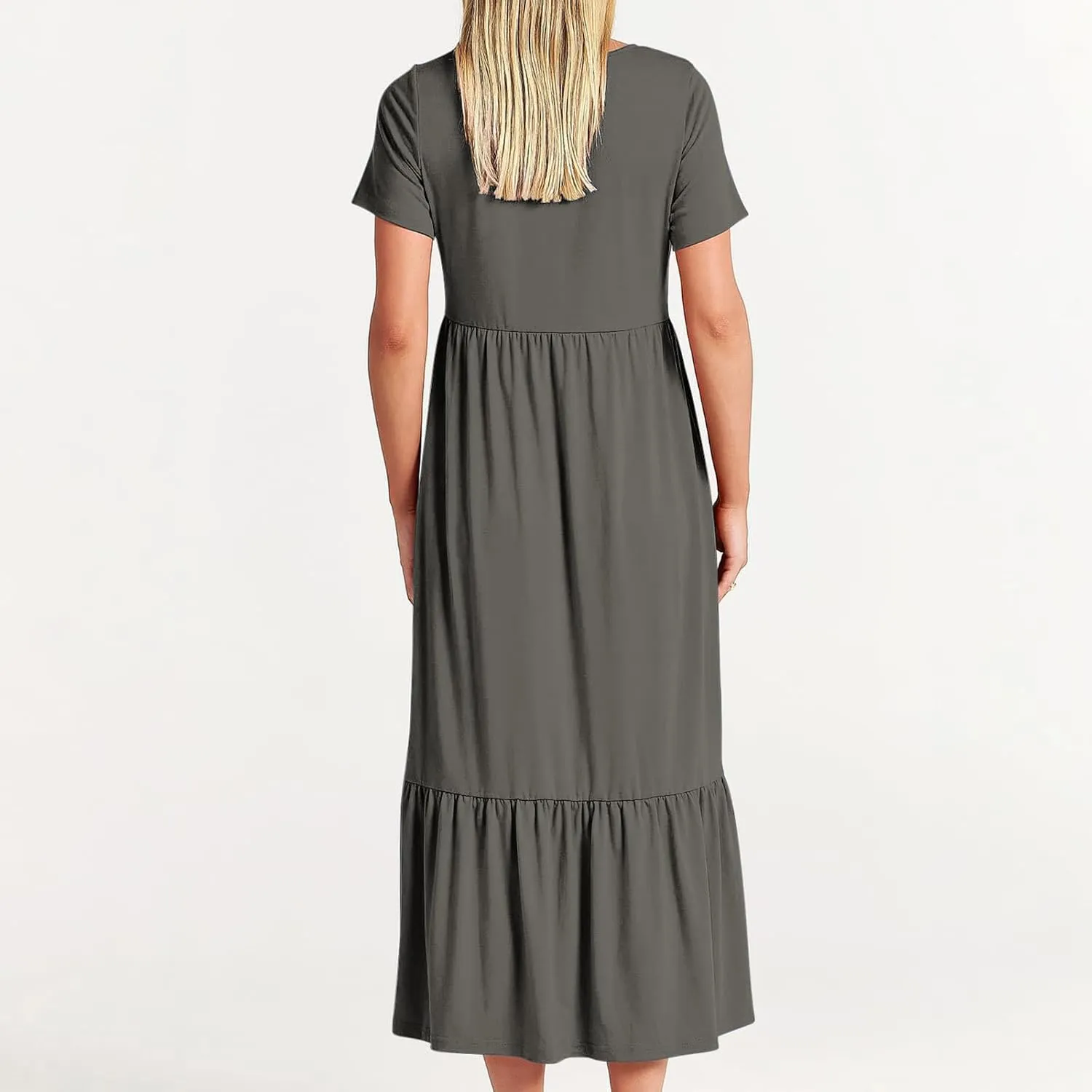 Summer Dresses for Women 2024 Maxi Casual Short Sleeve Crewneck Dress Flowy Swing Beach Sundresses with Pockets