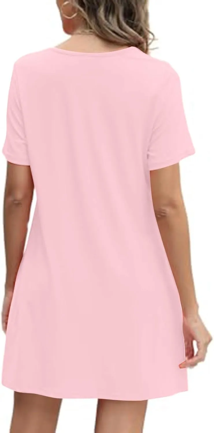 Summer Dresses for Women 2025 Pleated Short Sleeve Crewneck Womens Dresses Plain Casual Beach Dress with Pockets