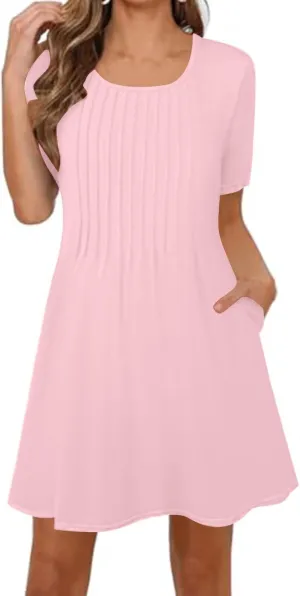 Summer Dresses for Women 2025 Pleated Short Sleeve Crewneck Womens Dresses Plain Casual Beach Dress with Pockets