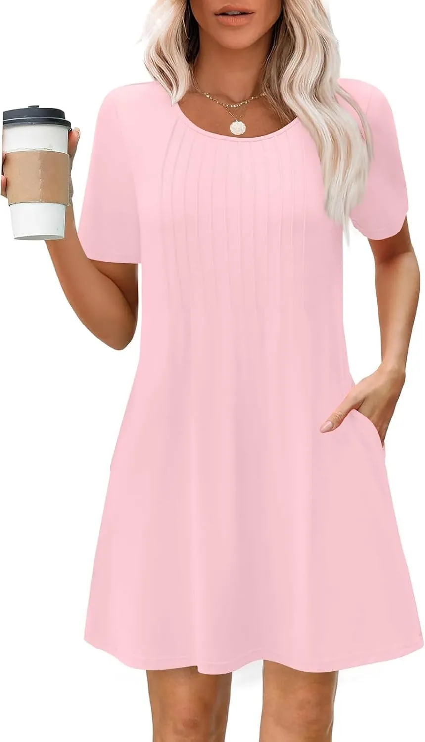 Summer Dresses for Women 2025 Pleated Short Sleeve Crewneck Womens Dresses Plain Casual Beach Dress with Pockets