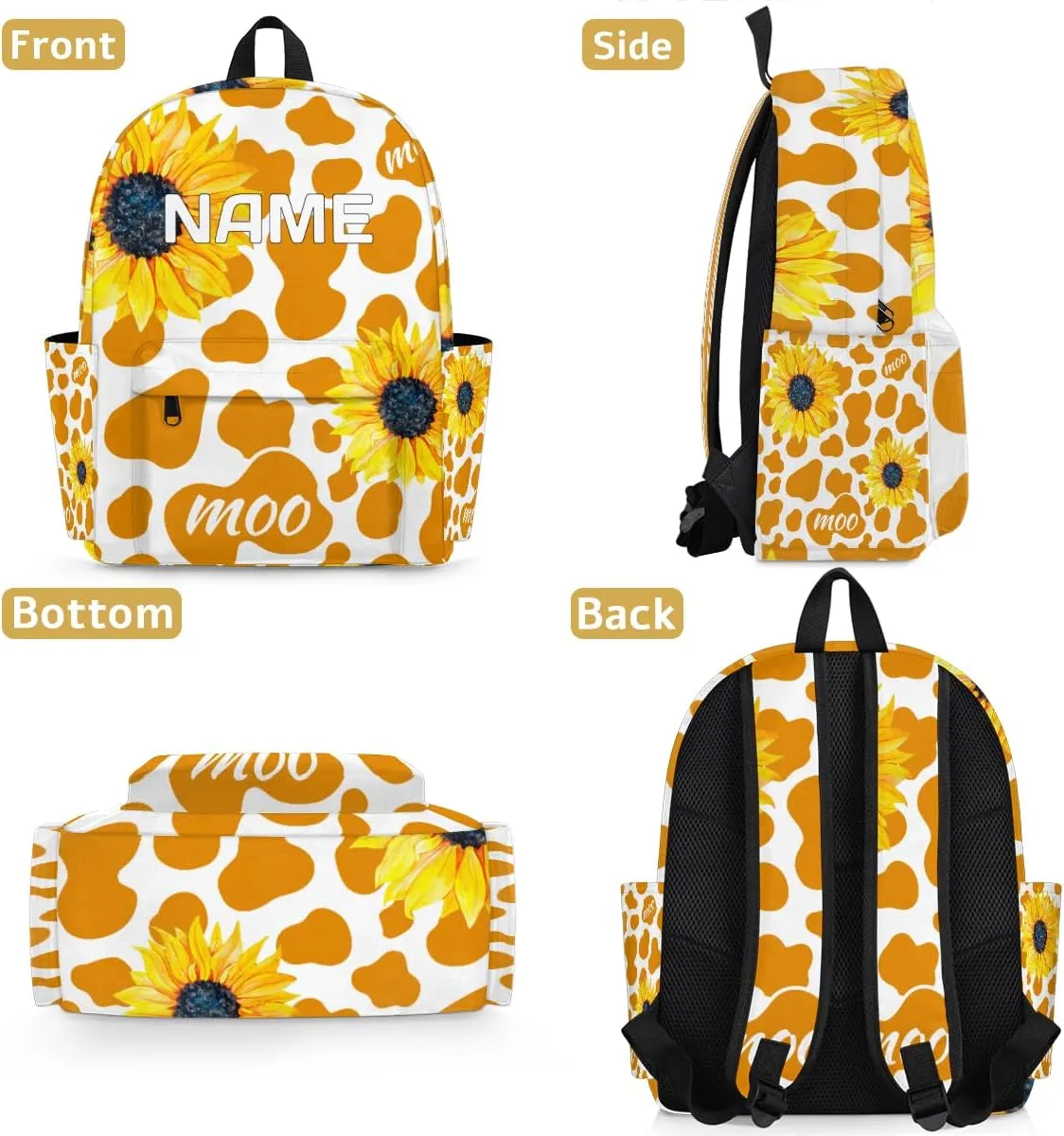 Sunflower Floral Customized Kids Backpack for Boys Girls Cow Print Personalized Preschool Toddler Backpack Kindergarten Nursery Bookbag Travel Children School Bag