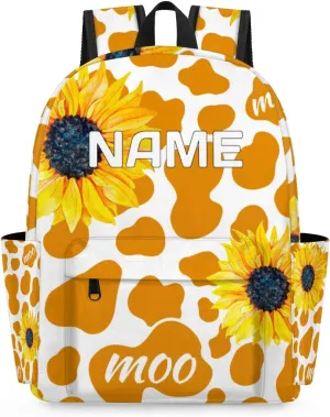 Sunflower Floral Customized Kids Backpack for Boys Girls Cow Print Personalized Preschool Toddler Backpack Kindergarten Nursery Bookbag Travel Children School Bag