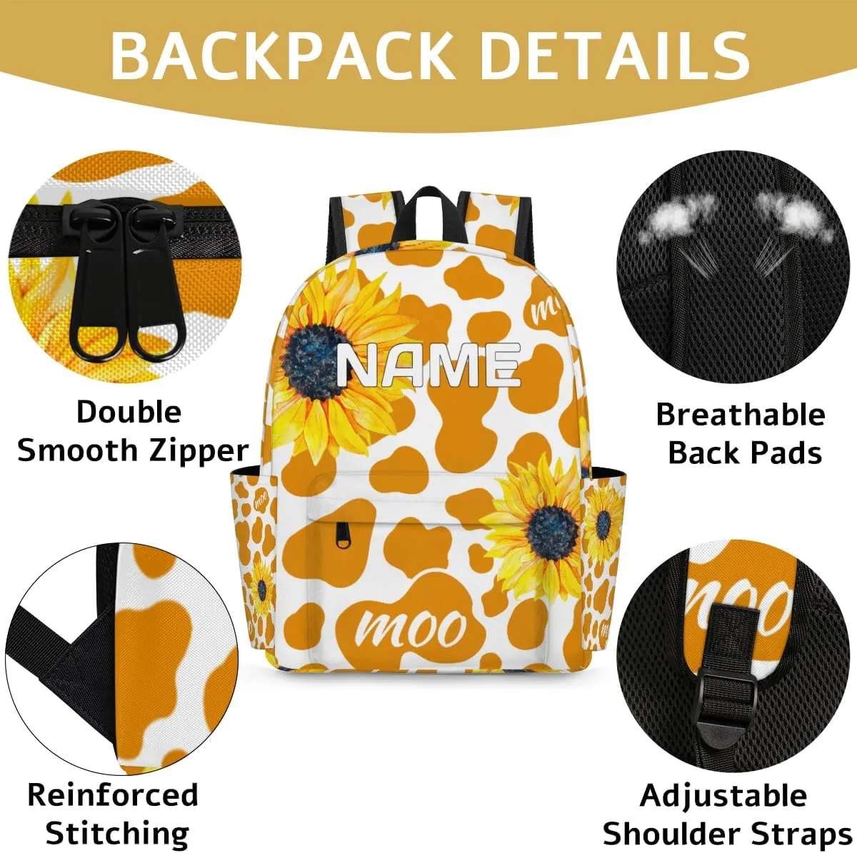Sunflower Floral Customized Kids Backpack for Boys Girls Cow Print Personalized Preschool Toddler Backpack Kindergarten Nursery Bookbag Travel Children School Bag