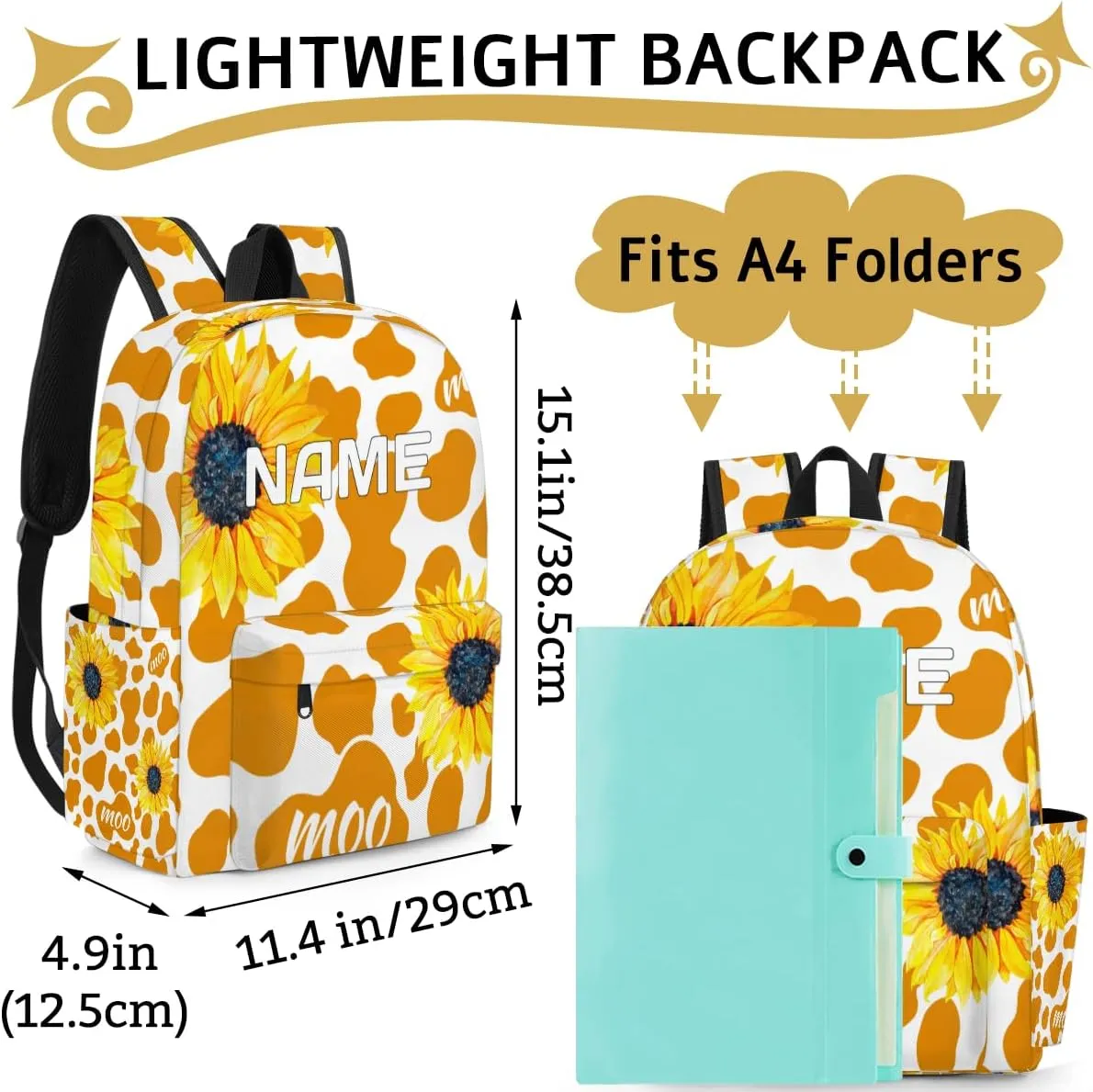 Sunflower Floral Customized Kids Backpack for Boys Girls Cow Print Personalized Preschool Toddler Backpack Kindergarten Nursery Bookbag Travel Children School Bag