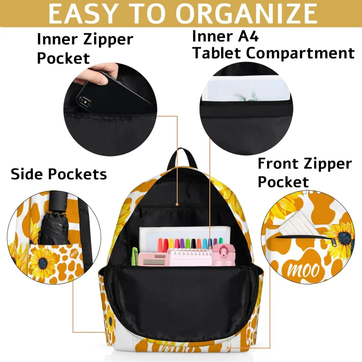 Sunflower Floral Customized Kids Backpack for Boys Girls Cow Print Personalized Preschool Toddler Backpack Kindergarten Nursery Bookbag Travel Children School Bag