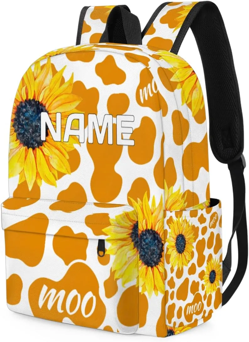 Sunflower Floral Customized Kids Backpack for Boys Girls Cow Print Personalized Preschool Toddler Backpack Kindergarten Nursery Bookbag Travel Children School Bag