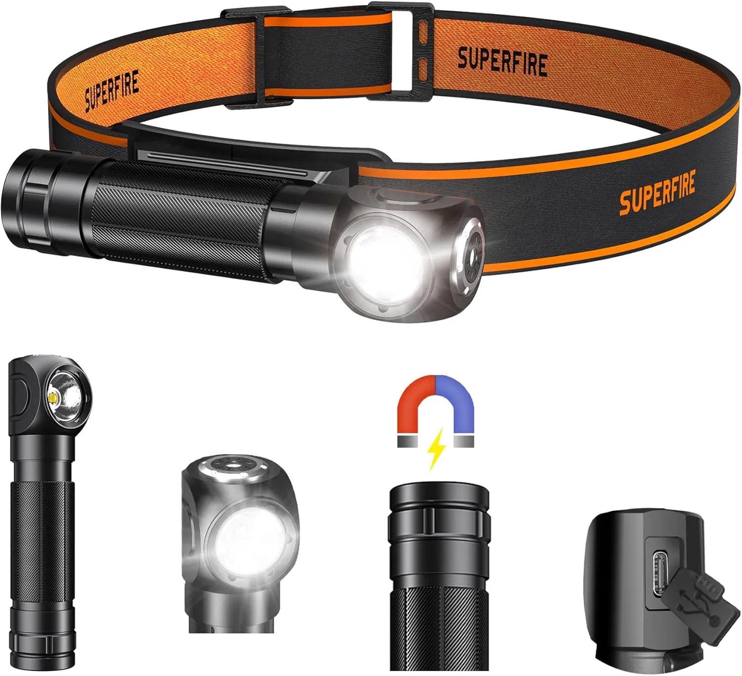 SuperFire 600-Lumen Headlamp for Adults Rechargeable, Super Bright LED Head Lamps with 5 Light Modes, Waterproof Head Flashlight with Headband, Magnetic Base for Working, Running, Camping(TH04)
