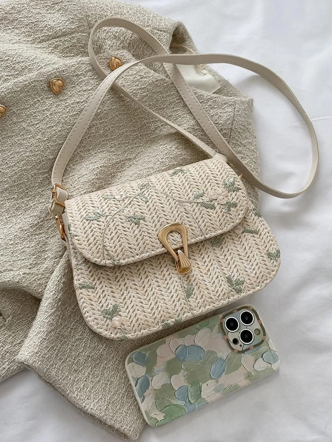 SweatyRocks Women's Floral Print Straw Shoulder Bag Flap Summer Woven Crossbody Bag Saddle Bag