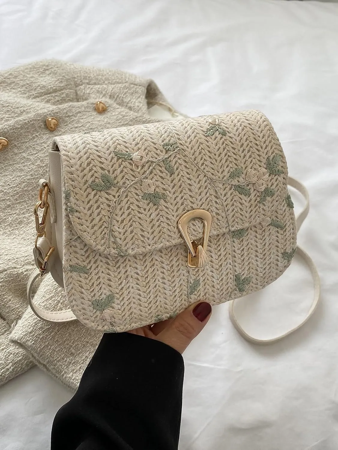 SweatyRocks Women's Floral Print Straw Shoulder Bag Flap Summer Woven Crossbody Bag Saddle Bag