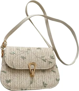 SweatyRocks Women's Floral Print Straw Shoulder Bag Flap Summer Woven Crossbody Bag Saddle Bag