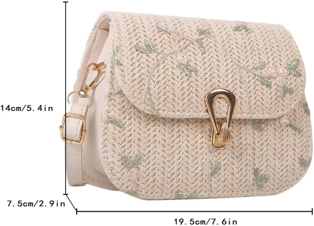SweatyRocks Women's Floral Print Straw Shoulder Bag Flap Summer Woven Crossbody Bag Saddle Bag