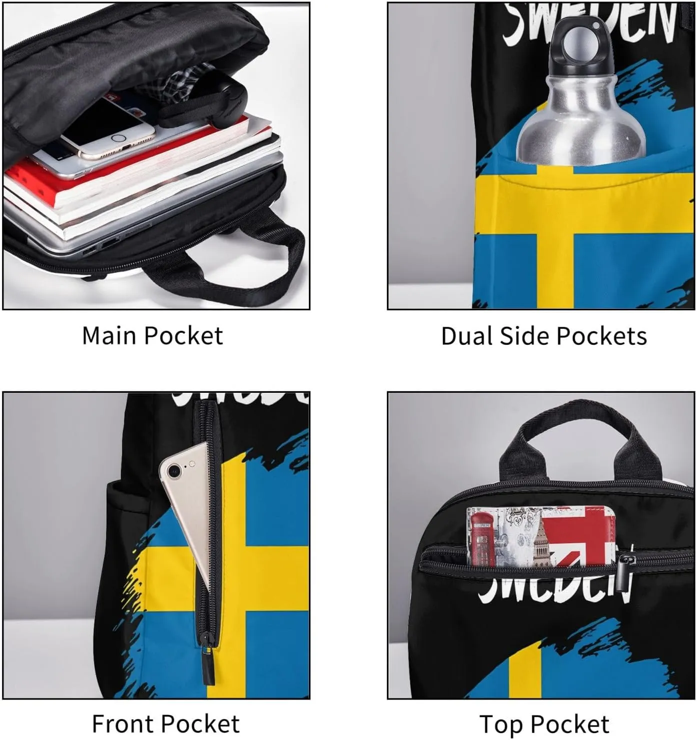Swedish Sweden Flag Casual Laptop Backpack Travel Rucksack Sports Daypack Adjustable Strap Bags with Multi-Pockets for Working Running Camping