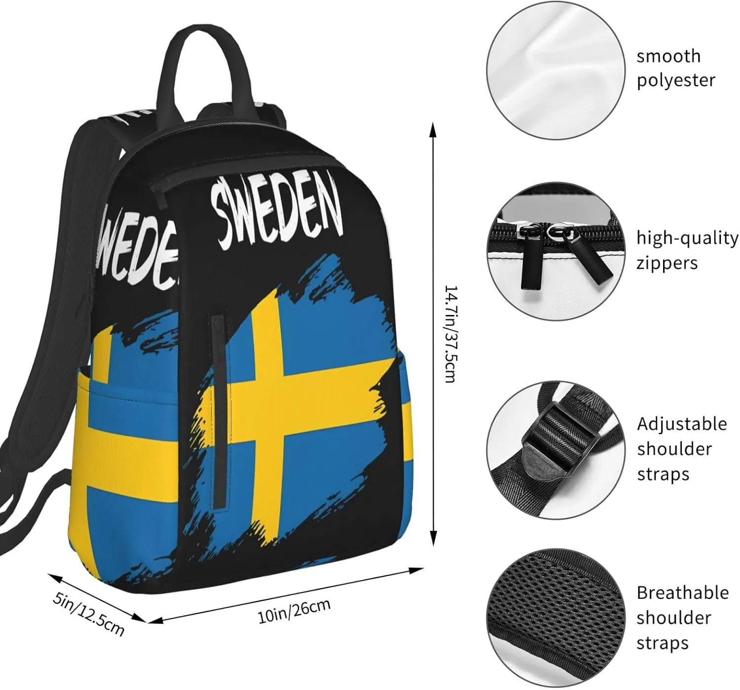 Swedish Sweden Flag Casual Laptop Backpack Travel Rucksack Sports Daypack Adjustable Strap Bags with Multi-Pockets for Working Running Camping