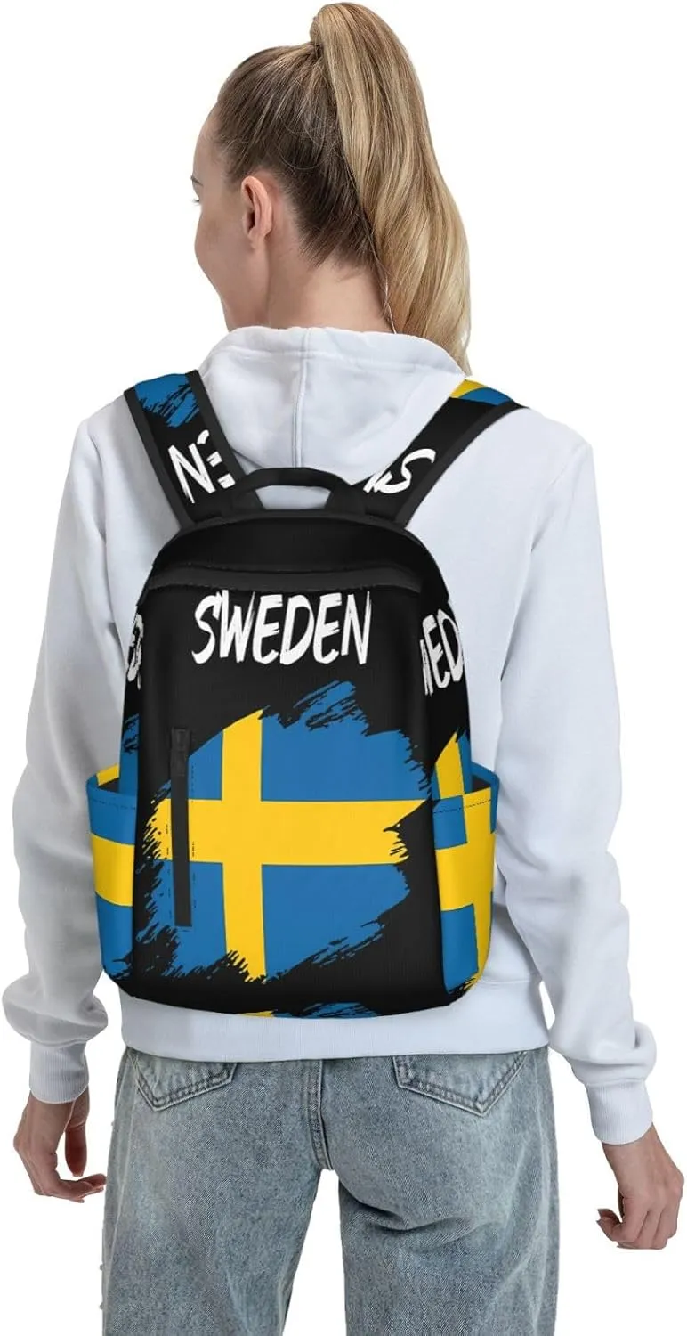 Swedish Sweden Flag Casual Laptop Backpack Travel Rucksack Sports Daypack Adjustable Strap Bags with Multi-Pockets for Working Running Camping