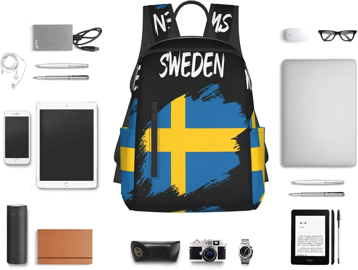 Swedish Sweden Flag Casual Laptop Backpack Travel Rucksack Sports Daypack Adjustable Strap Bags with Multi-Pockets for Working Running Camping