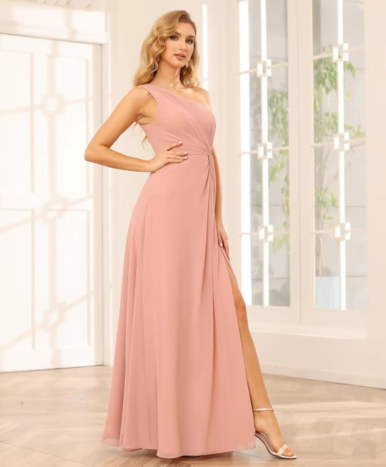 SYYS Chiffon Bridesmaid Dresses for Women One Shoulder Ruched Formal Party Dresses with Slit SYYS374