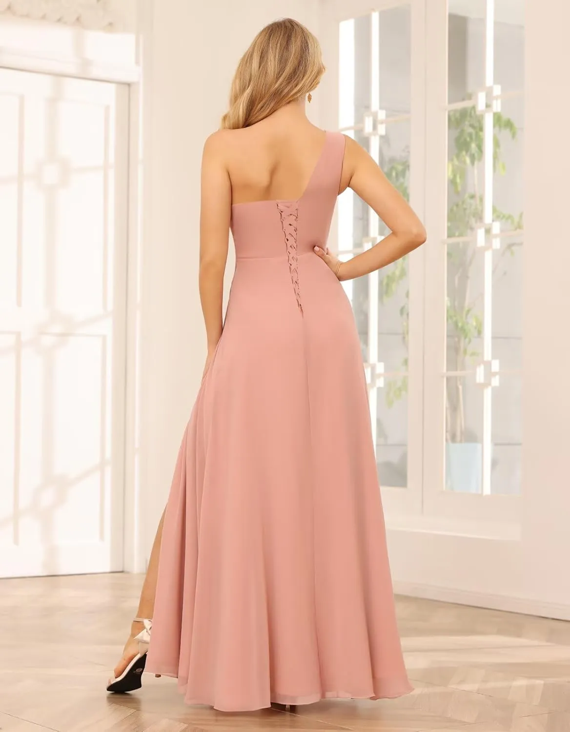 SYYS Chiffon Bridesmaid Dresses for Women One Shoulder Ruched Formal Party Dresses with Slit SYYS374
