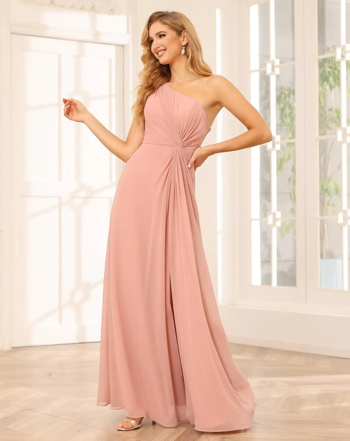 SYYS Chiffon Bridesmaid Dresses for Women One Shoulder Ruched Formal Party Dresses with Slit SYYS374