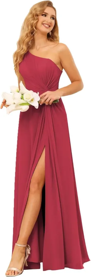 SYYS Chiffon Bridesmaid Dresses for Women One Shoulder Ruched Formal Party Dresses with Slit SYYS374