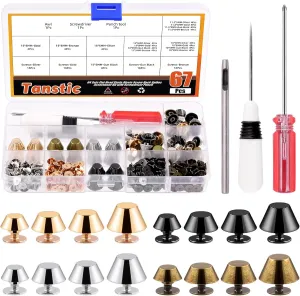 Tanstic 131Pcs(64 Sets) 4 Sizes Flat Head Studs Rivet Set, Including 10mm 11.5mm 13mm 15mm 4 Colors Purse Handbag Feet Studs Rivets Cone Screw Back Rivets Cone Spike Rivets with Tools